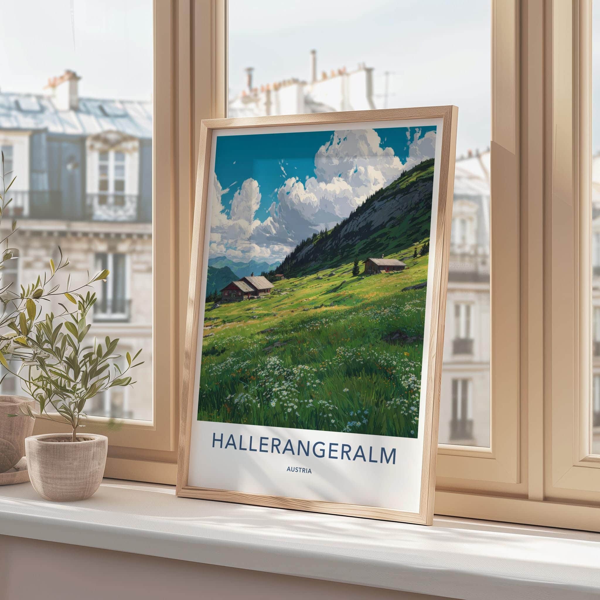 Halleralm Poster - Austria Art Print - Lush Mountain Pasture Wall Decor