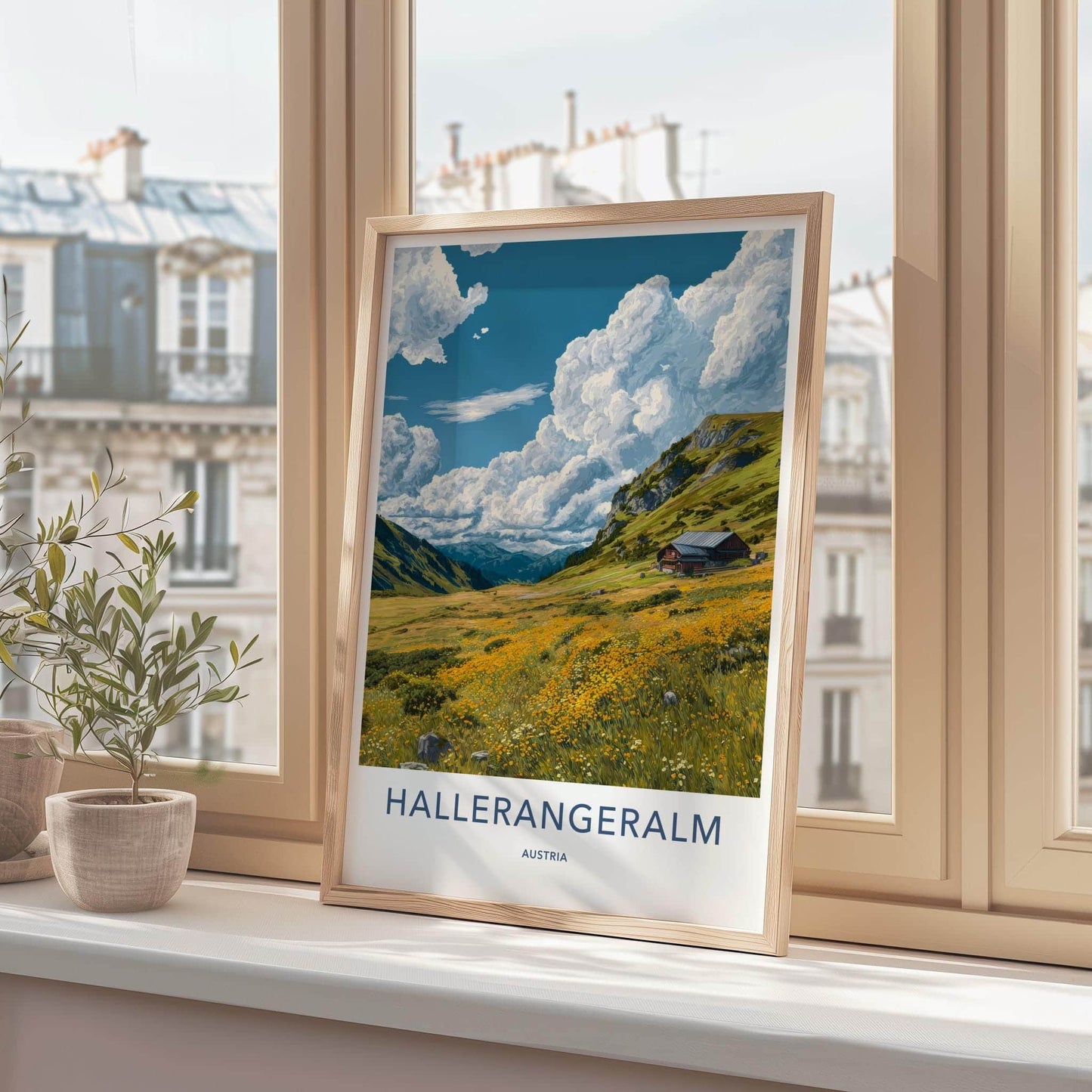 Hallerangeralm Poster - Austria Travel Art - Alpine Meadow Hut Home Decor