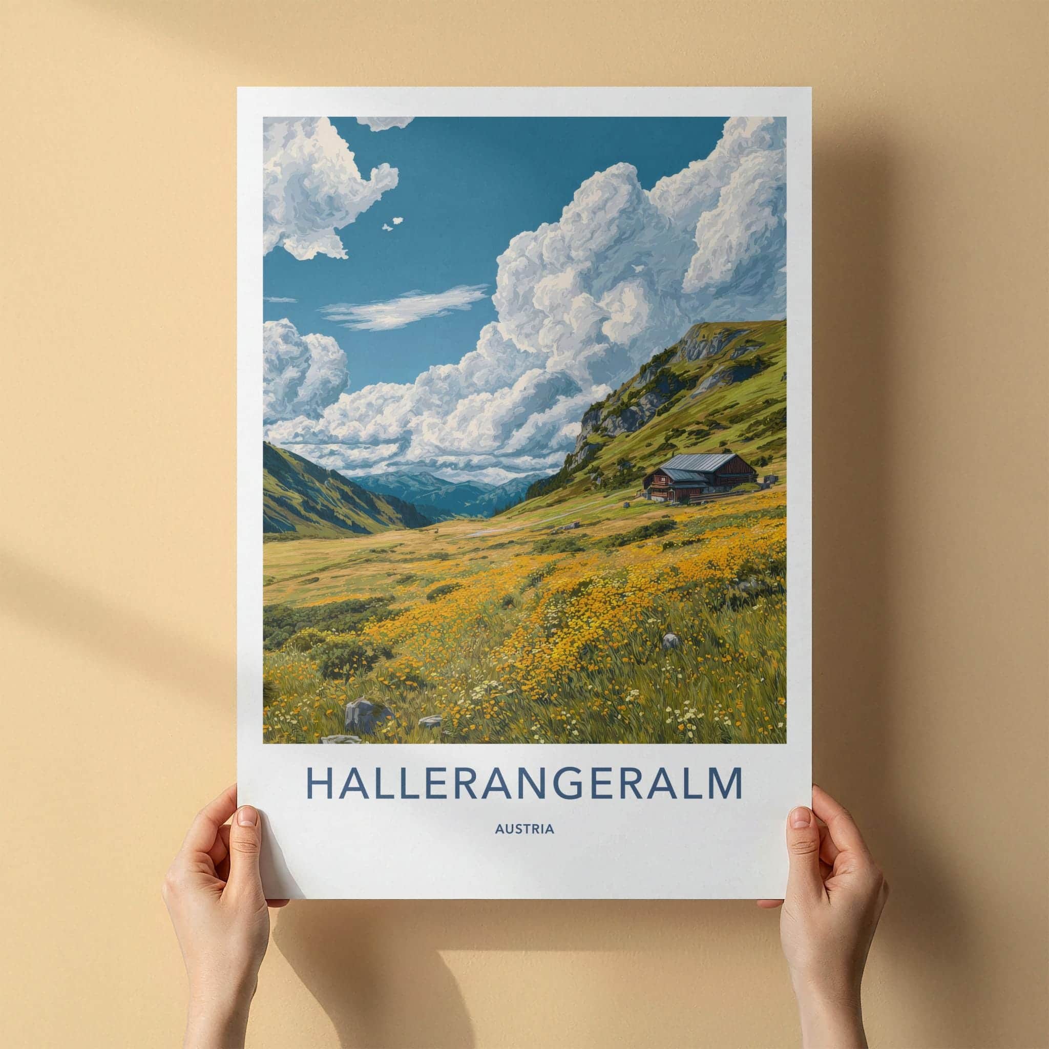 Hallerangeralm Poster - Austria Travel Art - Alpine Meadow Hut Home Decor