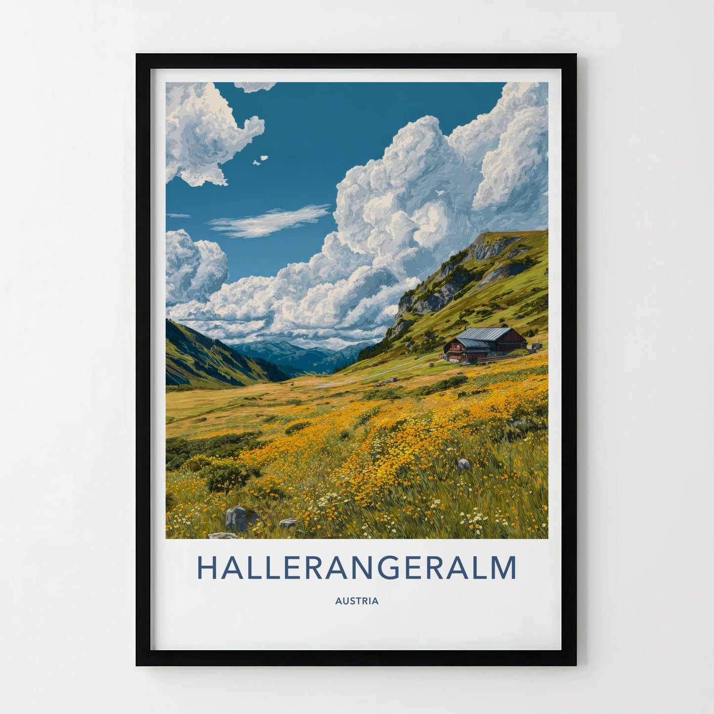 Hallerangeralm Poster - Austria Travel Art - Alpine Meadow Hut Home Decor