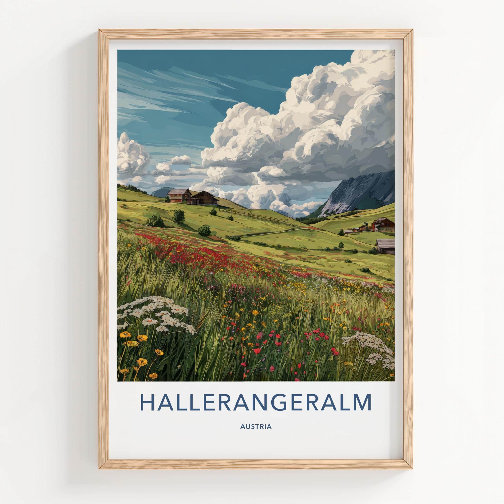 Hallerrangeralm Poster - Austria Travel Art - Alpine Meadow Huts Home Decor