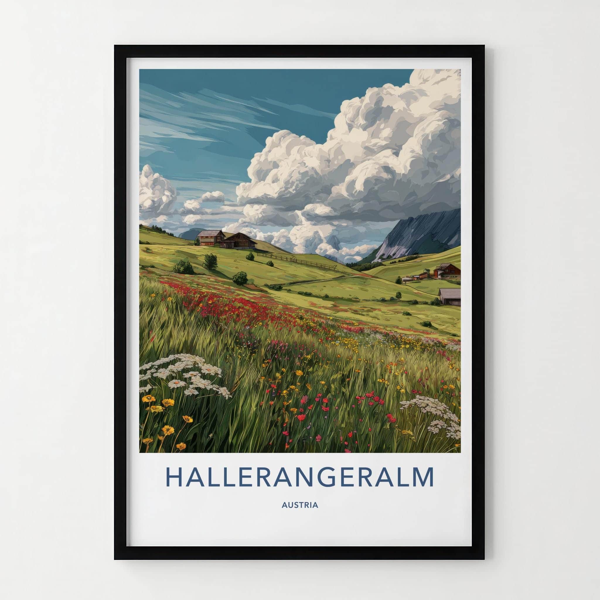 Hallerrangeralm Poster - Austria Travel Art - Alpine Meadow Huts Home Decor