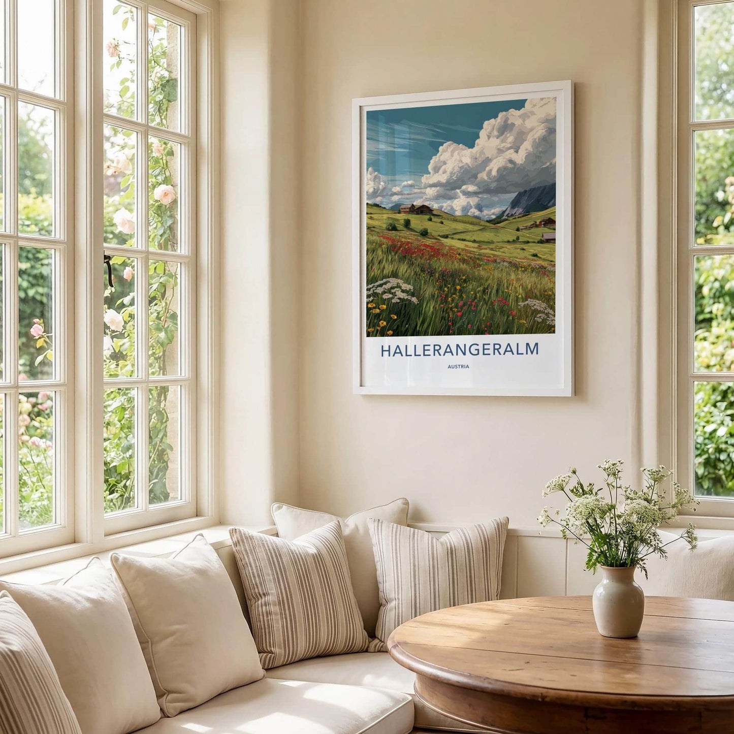 Hallerrangeralm Poster - Austria Travel Art - Alpine Meadow Huts Home Decor