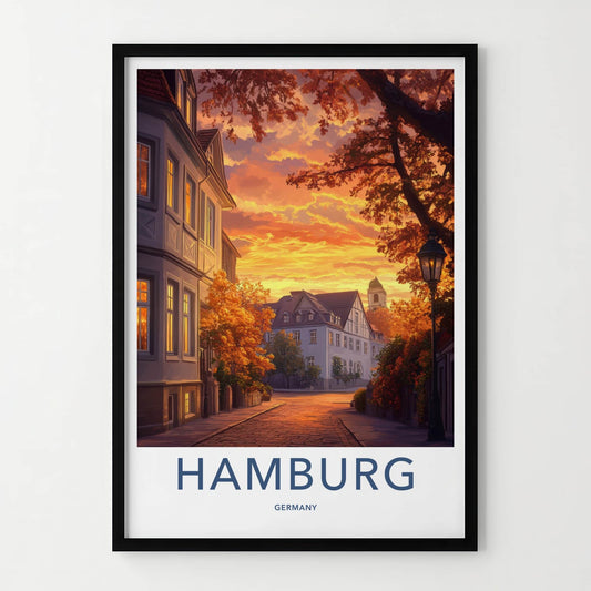 Hamburg Poster - Germany Travel Art - Autumn Sunset Street Home Decor
