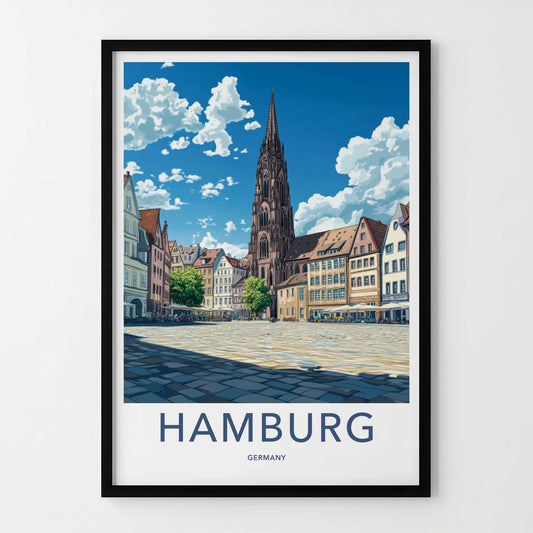 Hamburg Poster - Germany Travel Art - Gothic Spire Plaza Home Decor