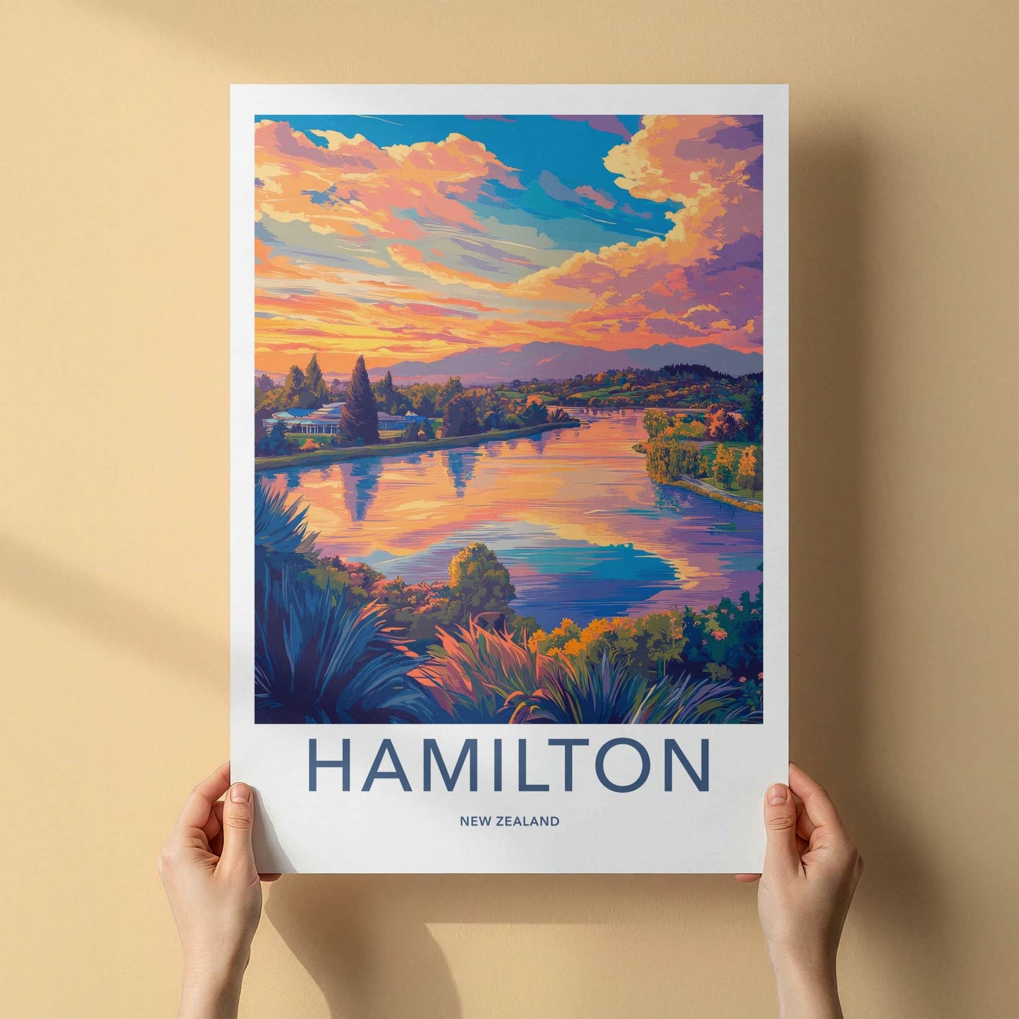 Hamilton Poster - New Zealand Travel Art - Colorful Lake Sunset Home Decor