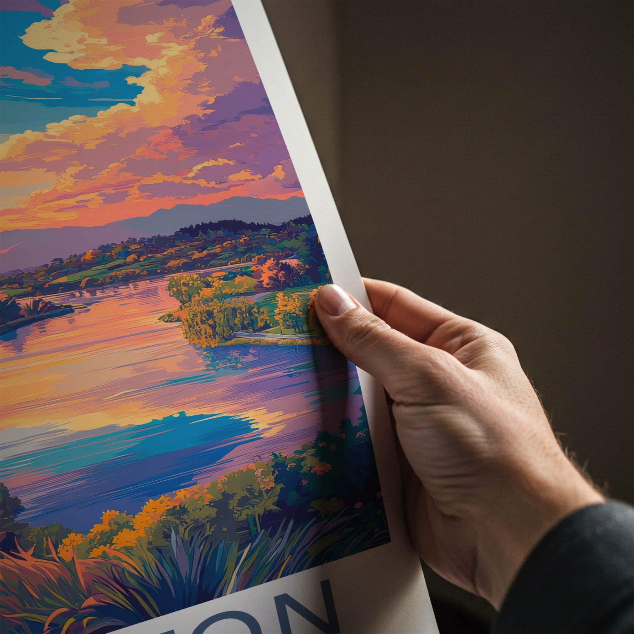 Hamilton Poster - New Zealand Travel Art - Colorful Lake Sunset Home Decor