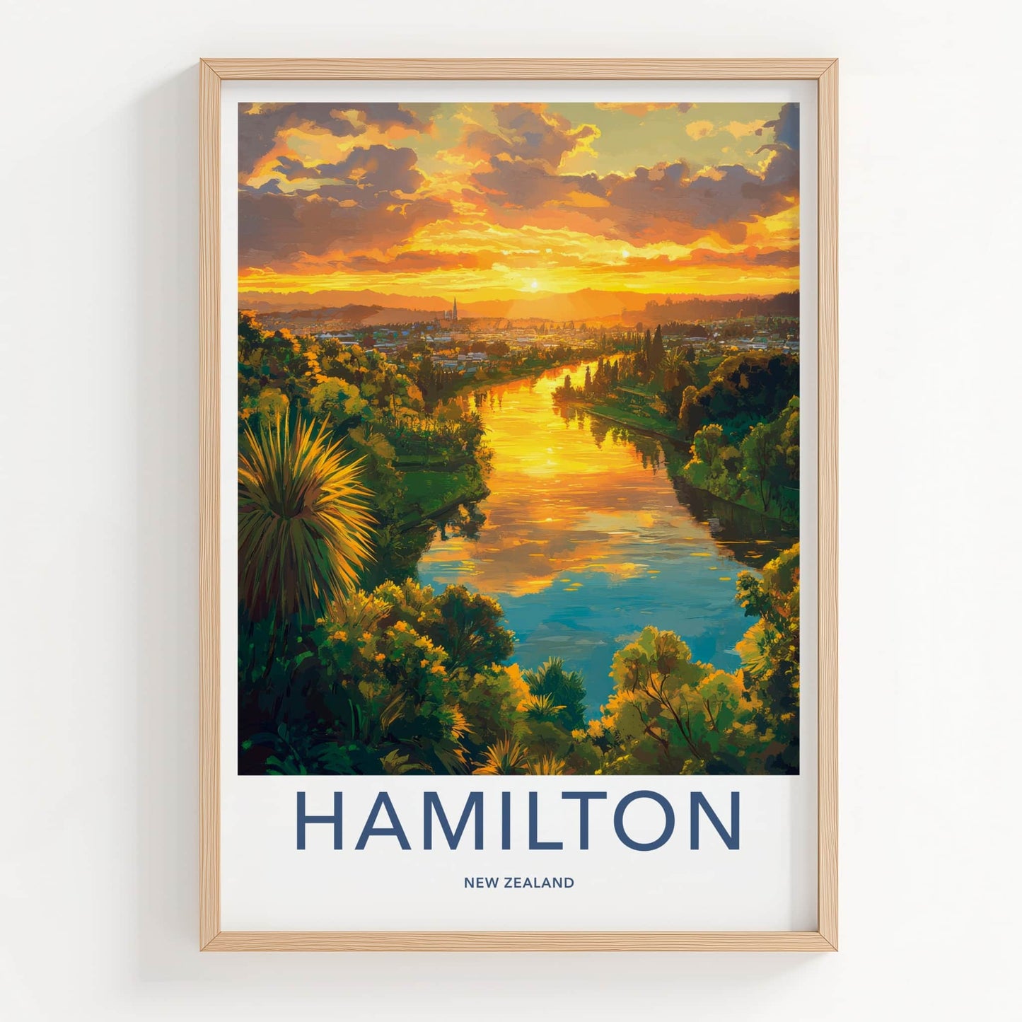 Hamilton Poster - New Zealand Travel Art - Waikato River Sunset Home Decor