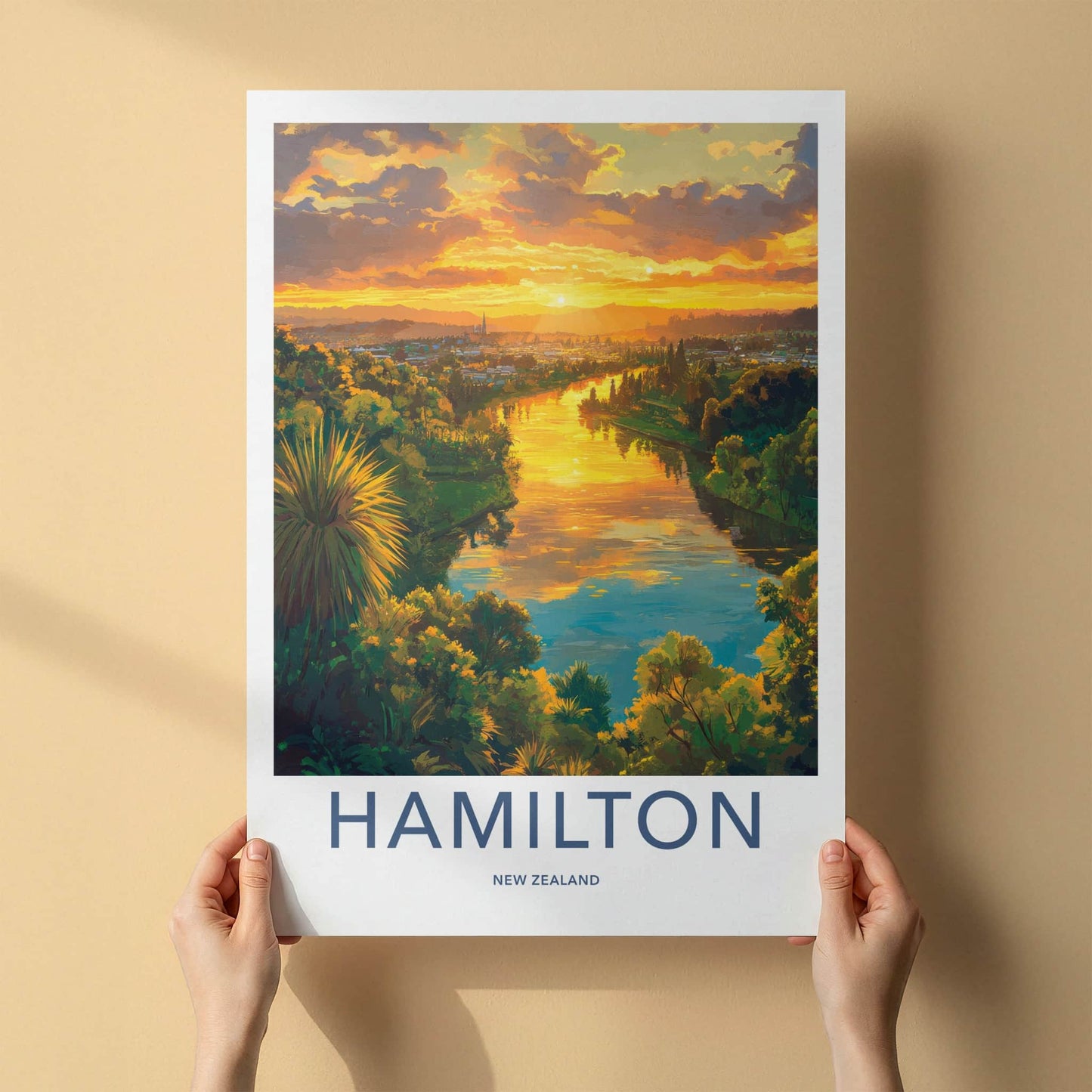 Hamilton Poster - New Zealand Travel Art - Waikato River Sunset Home Decor