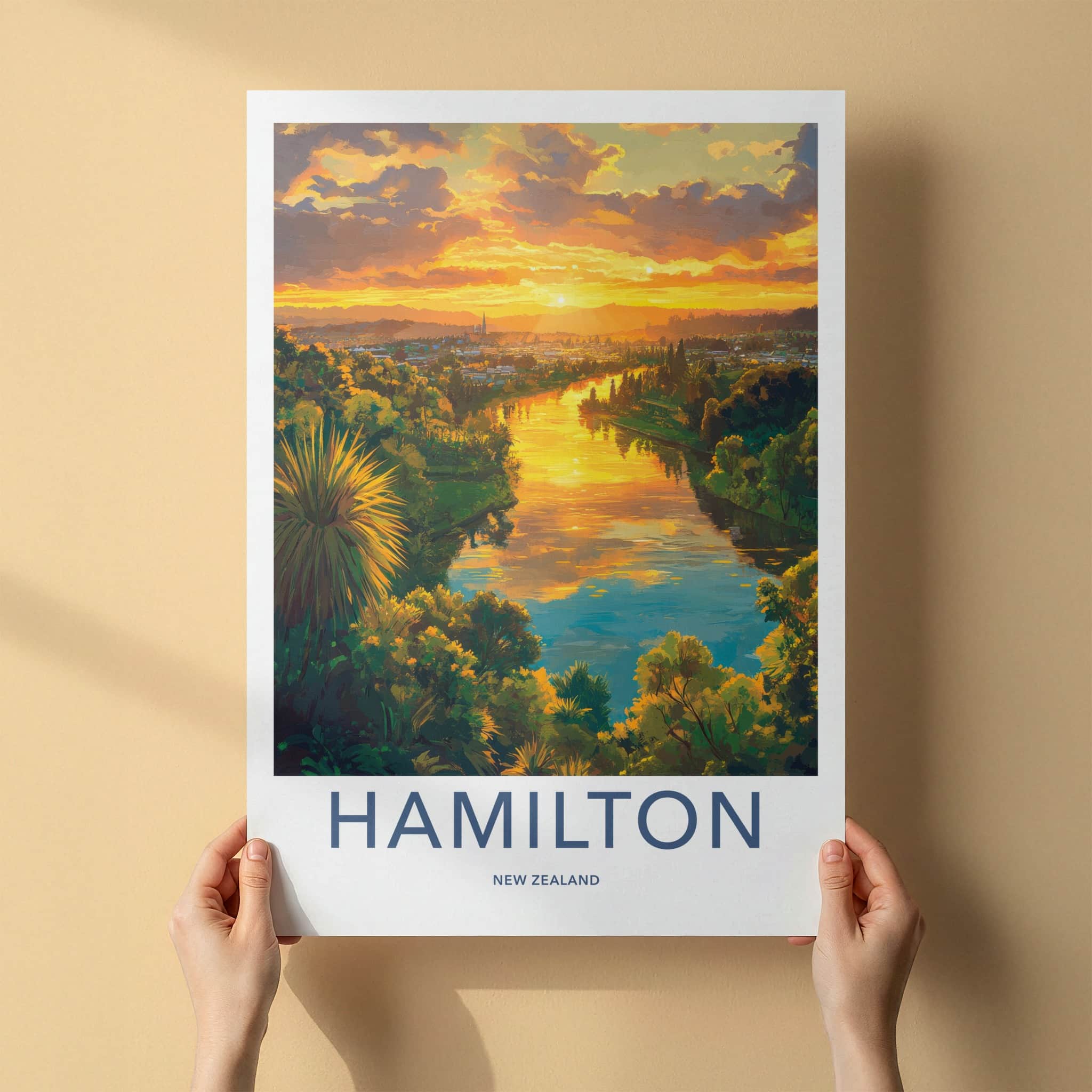 Hamilton Poster - New Zealand Travel Art - Waikato River Sunset Home Decor