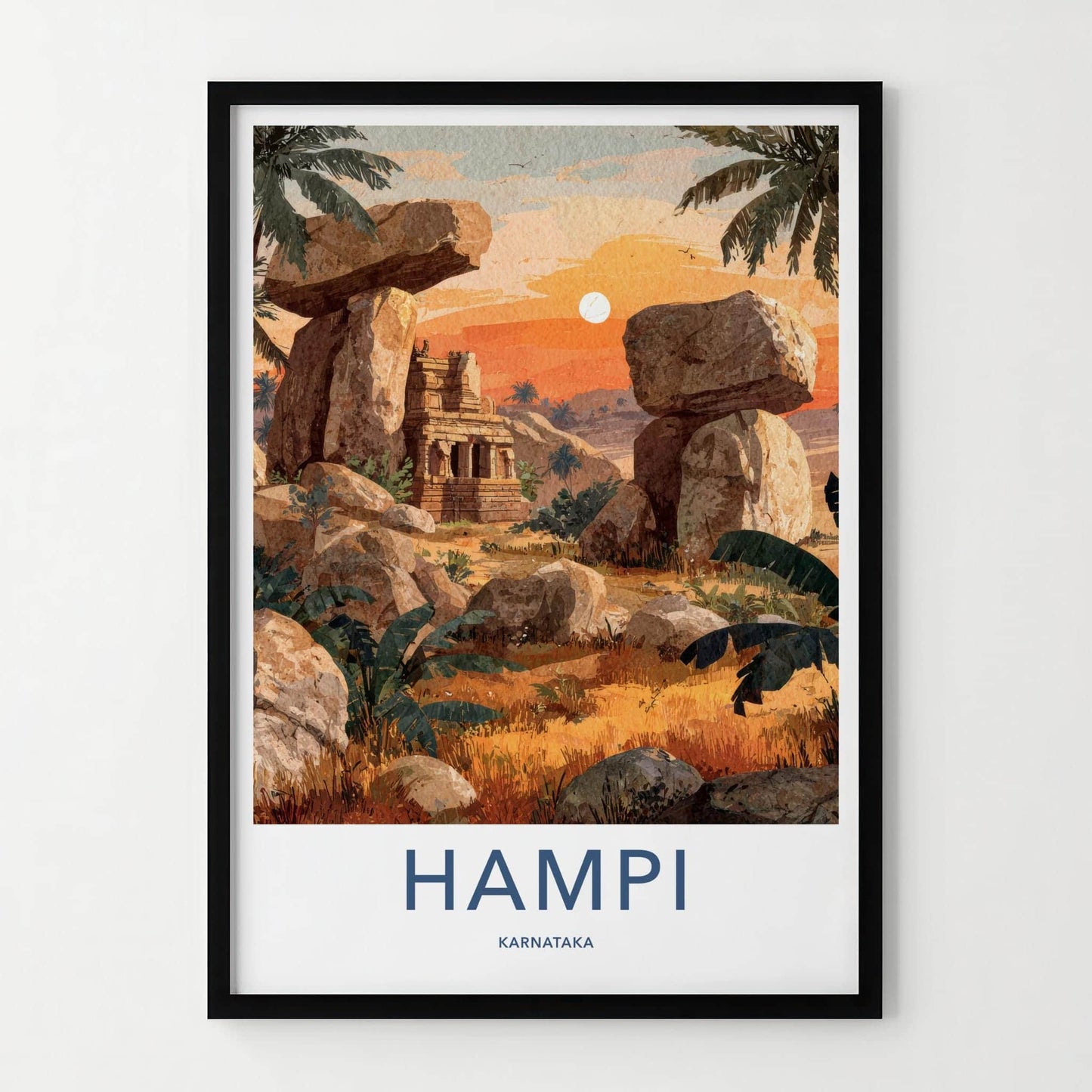 Hampi Poster - India Travel Art - Karnataka Ancient Temple Landscape Home Decor