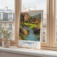 Hampi Poster - India Travel Art - Karnataka Boulder River Temple Home Decor