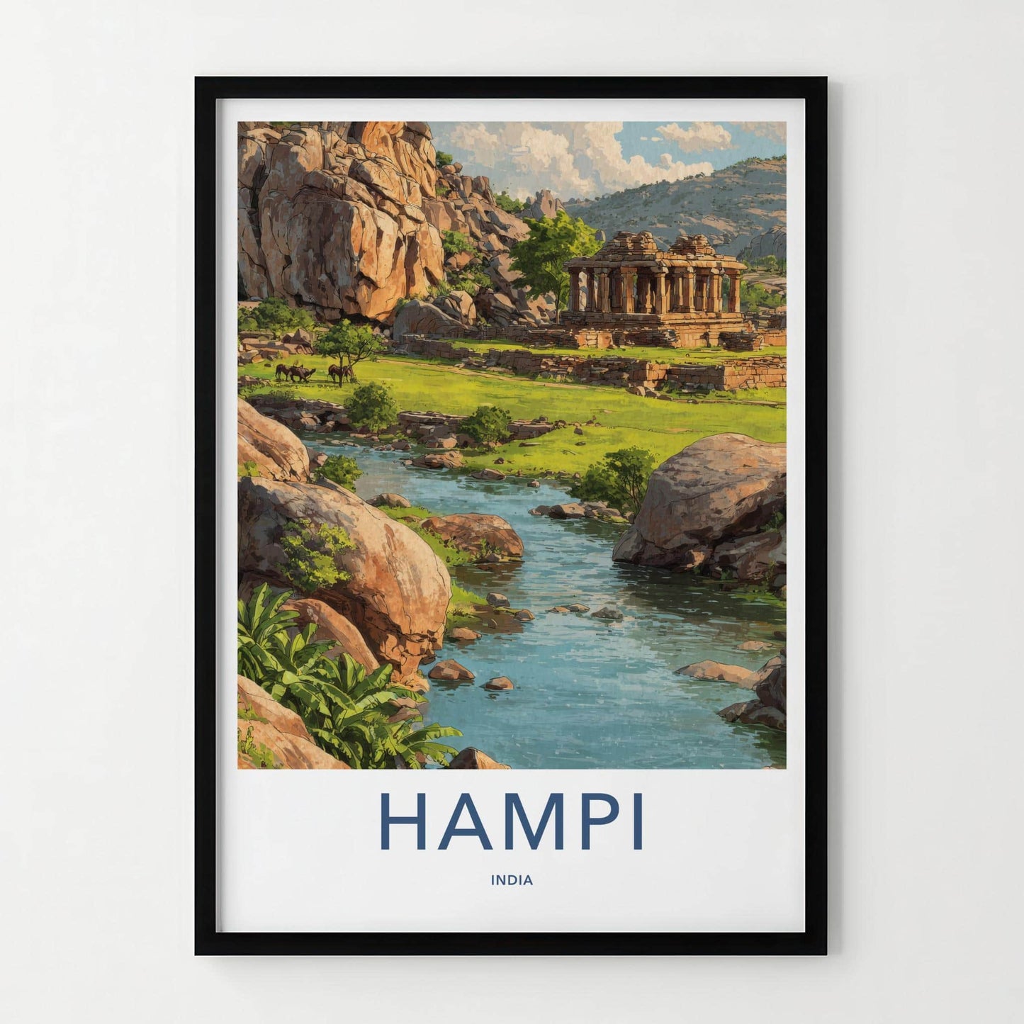 Hampi Poster - India Travel Art - Karnataka Boulder River Temple Home Decor