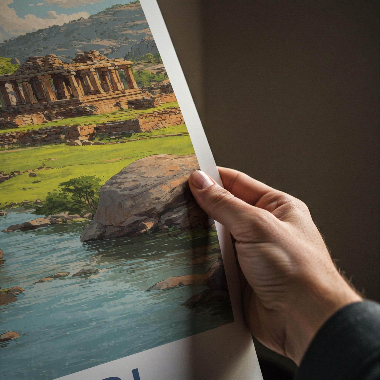 Hampi Poster - India Travel Art - Karnataka Boulder River Temple Home Decor
