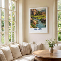 Hampi Poster - India Travel Art - Karnataka Boulder River Temple Home Decor
