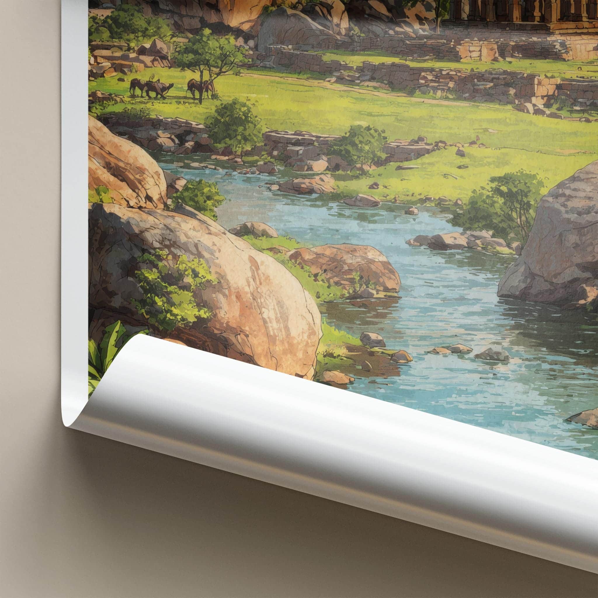 Hampi Poster - India Travel Art - Karnataka Boulder River Temple Home Decor