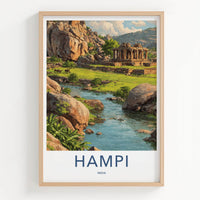 Hampi Poster - India Travel Art - Karnataka Boulder River Temple Home Decor