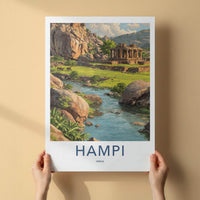 Hampi Poster - India Travel Art - Karnataka Boulder River Temple Home Decor