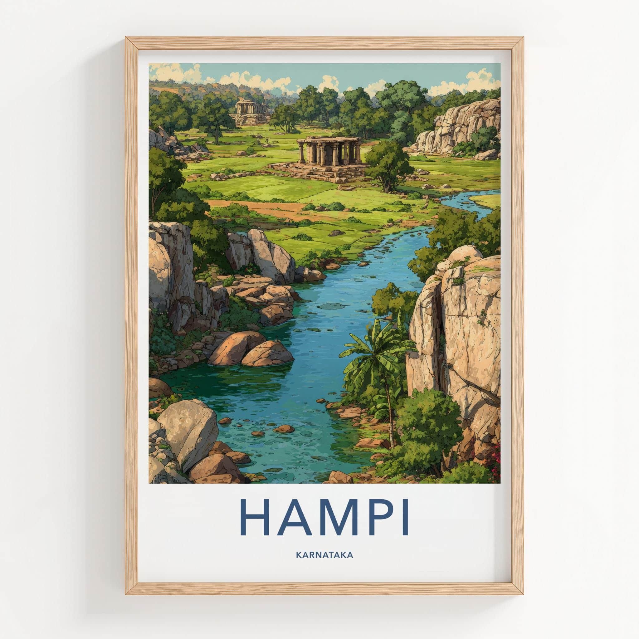 Hampi Poster - India Travel Art - Karnataka River Ruins Wall Decor