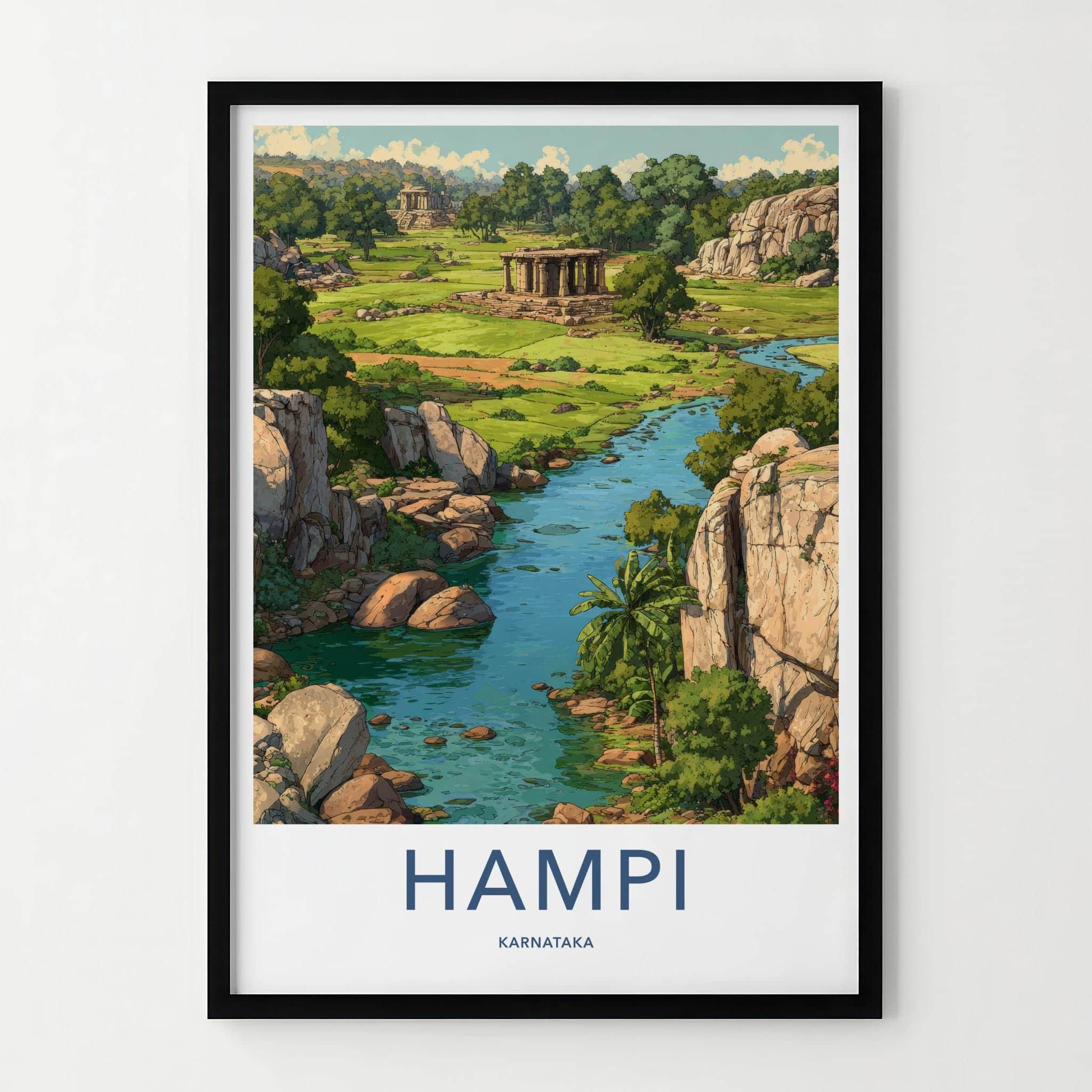 Hampi Poster - India Travel Art - Karnataka River Ruins Wall Decor