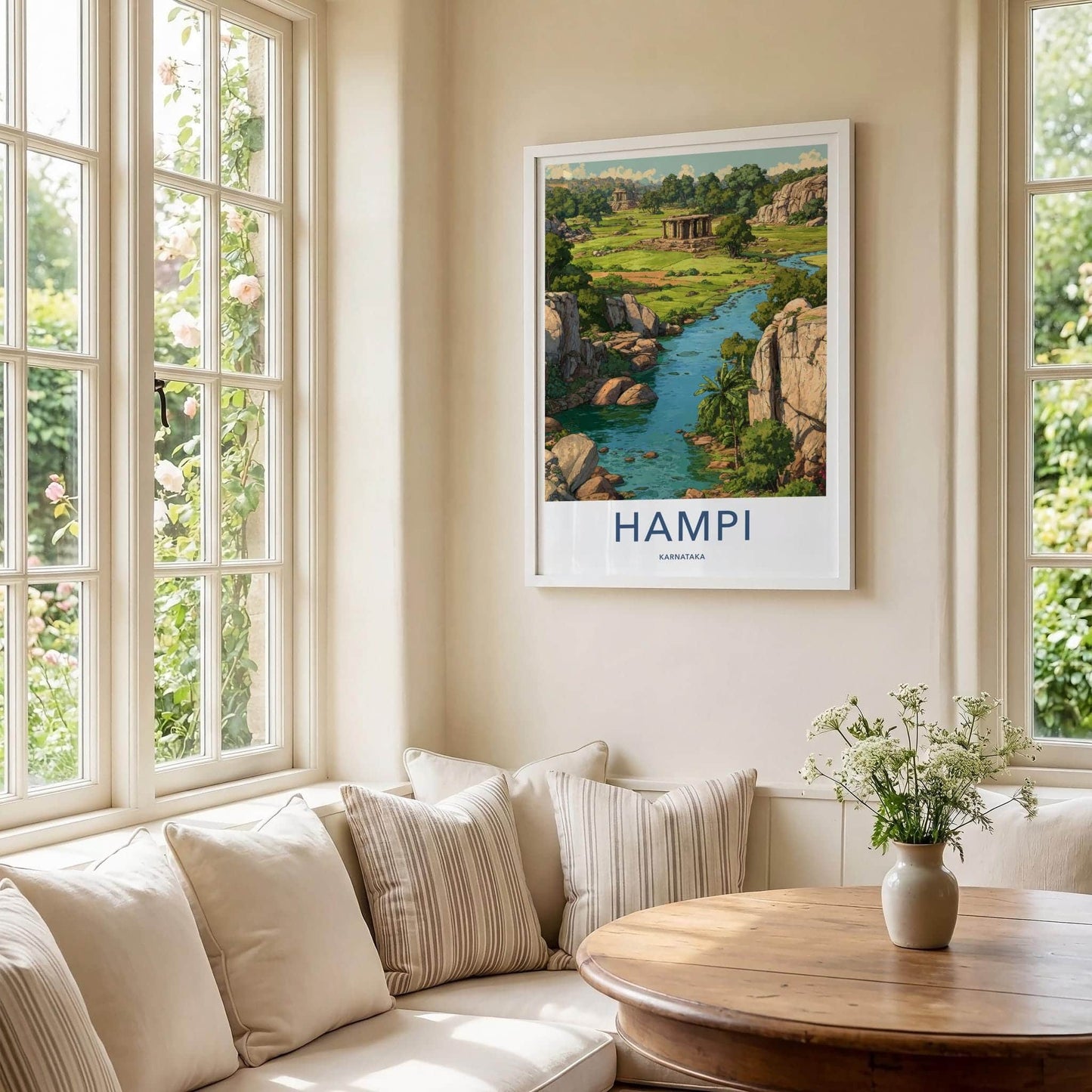 Hampi Poster - India Travel Art - Karnataka River Ruins Wall Decor