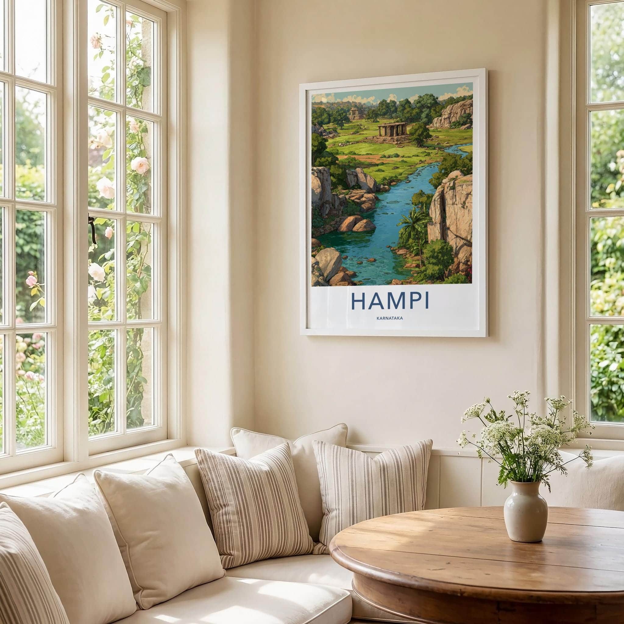 Hampi Poster - India Travel Art - Karnataka River Ruins Wall Decor