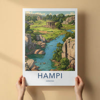 Hampi Poster - India Travel Art - Karnataka River Ruins Wall Decor
