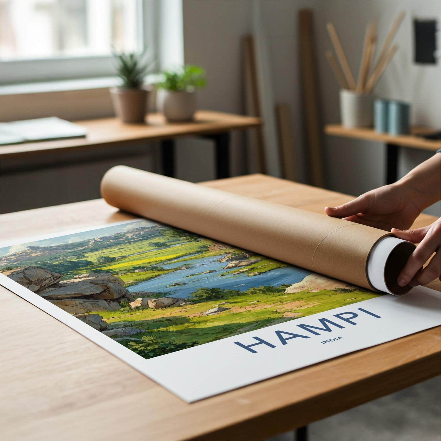Hampi Poster - India Travel Art - Karnataka River Valley Ruins Home Decor