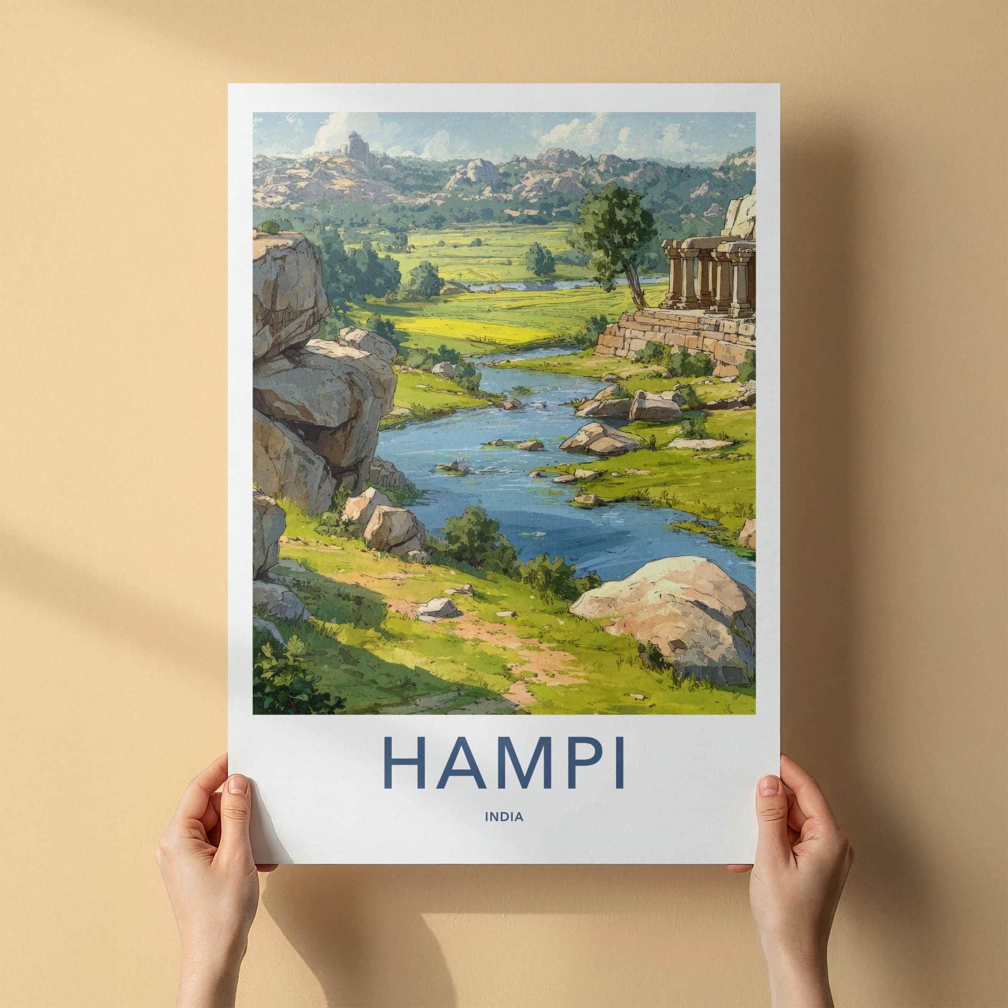 Hampi Poster - India Travel Art - Karnataka River Valley Ruins Home Decor