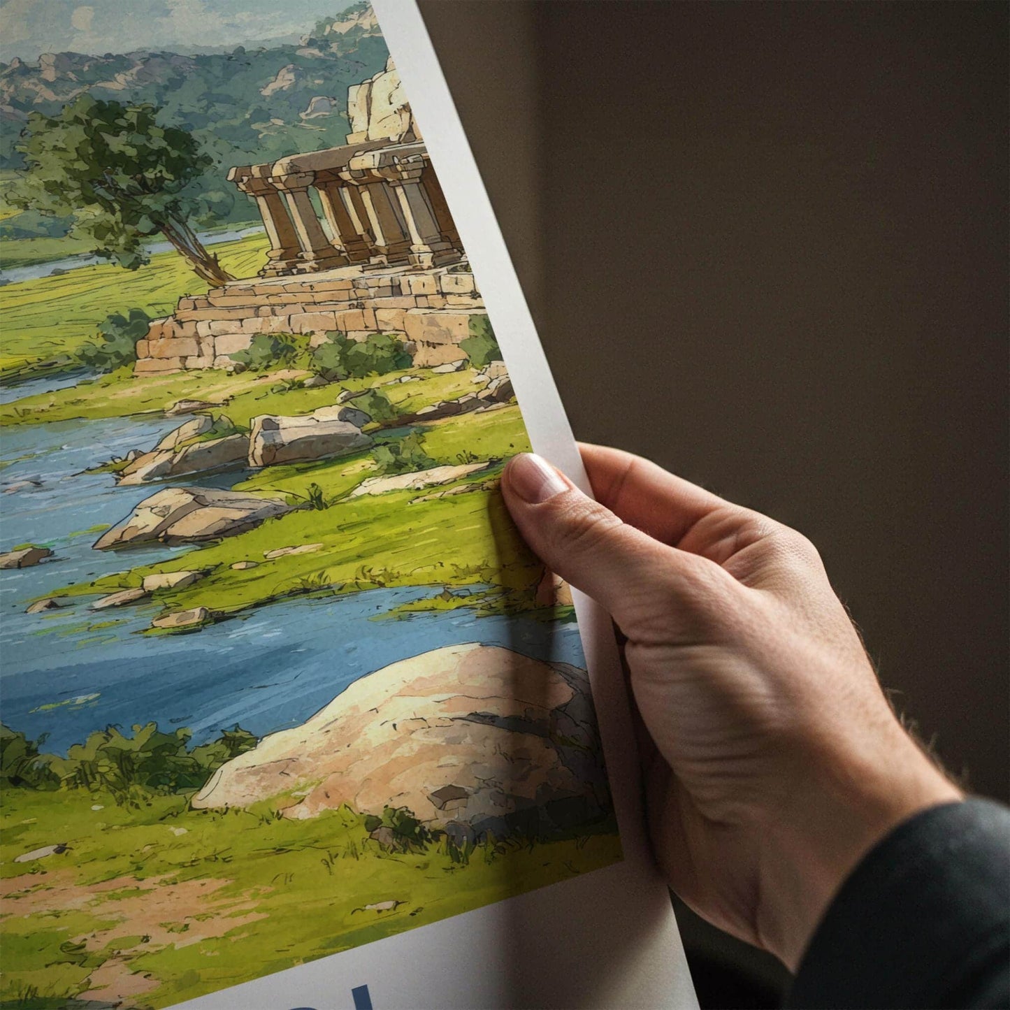 Hampi Poster - India Travel Art - Karnataka River Valley Ruins Home Decor