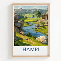Hampi Poster - India Travel Art - Karnataka River Valley Ruins Home Decor