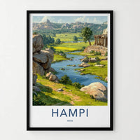 Hampi Poster - India Travel Art - Karnataka River Valley Ruins Home Decor