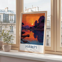 Hampi Poster - India Travel Art - Karnataka Rocky River Sunset Wall Decor