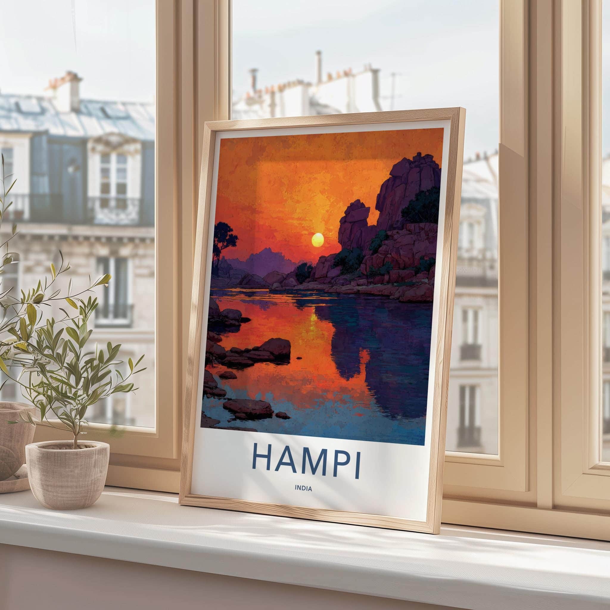 Hampi Poster - India Travel Art - Karnataka Rocky River Sunset Wall Decor