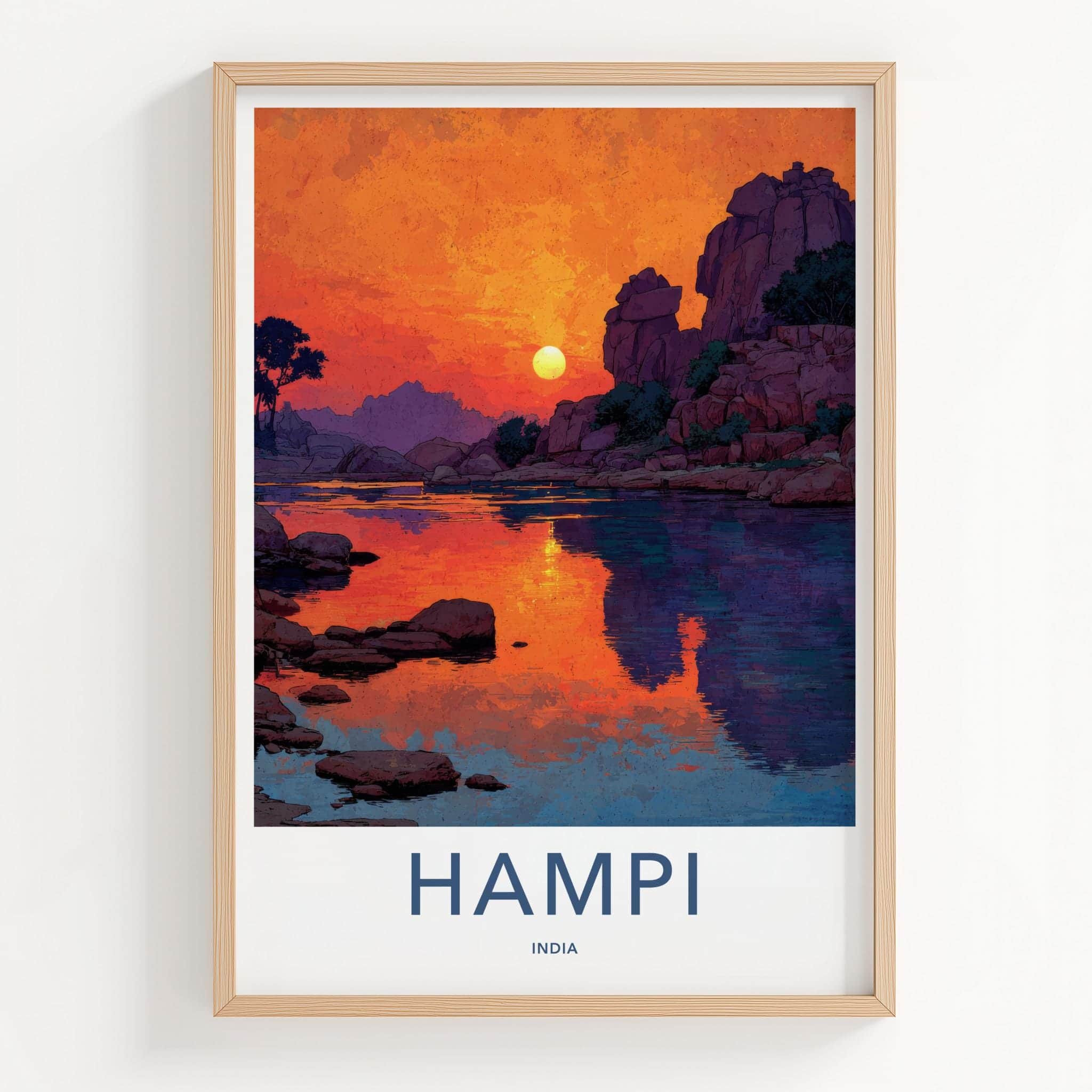 Hampi Poster - India Travel Art - Karnataka Rocky River Sunset Wall Decor