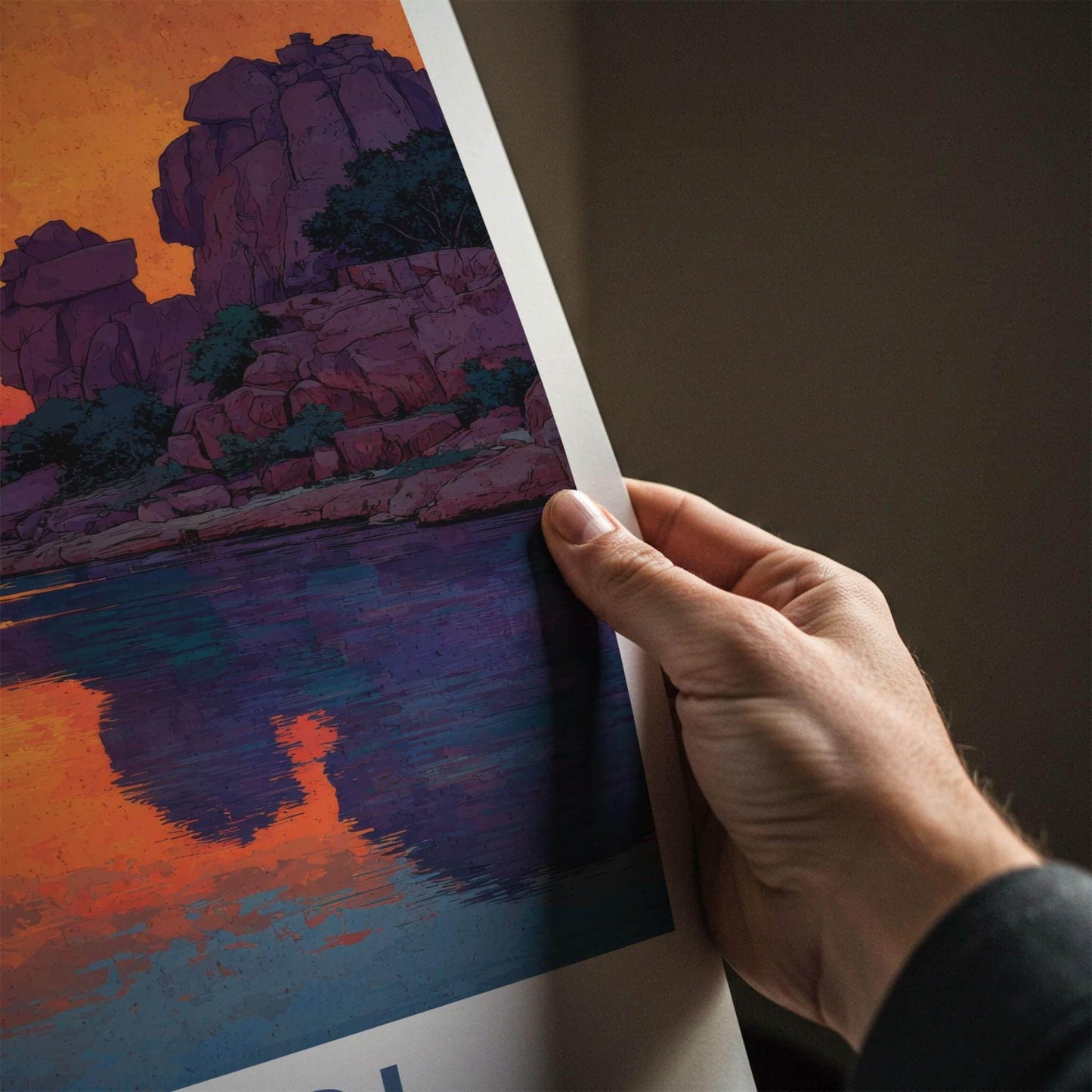 Hampi Poster - India Travel Art - Karnataka Rocky River Sunset Wall Decor