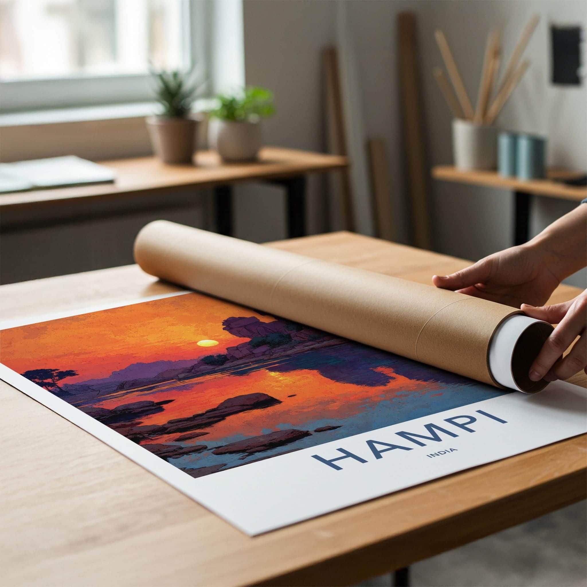 Hampi Poster - India Travel Art - Karnataka Rocky River Sunset Wall Decor