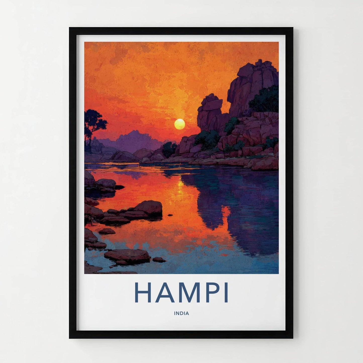 Hampi Poster - India Travel Art - Karnataka Rocky River Sunset Wall Decor