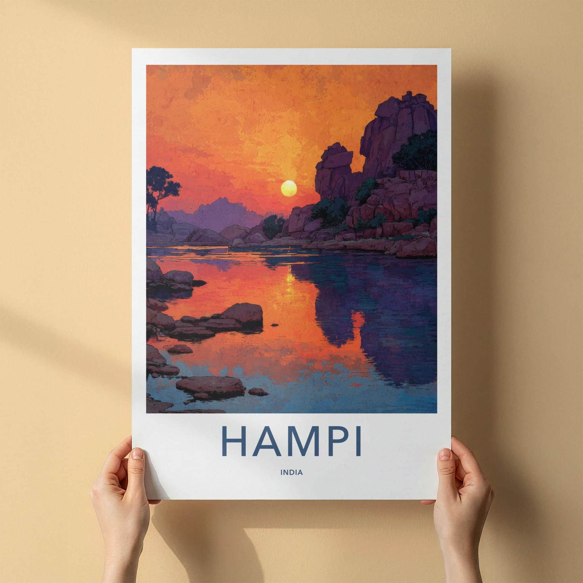 Hampi Poster - India Travel Art - Karnataka Rocky River Sunset Wall Decor