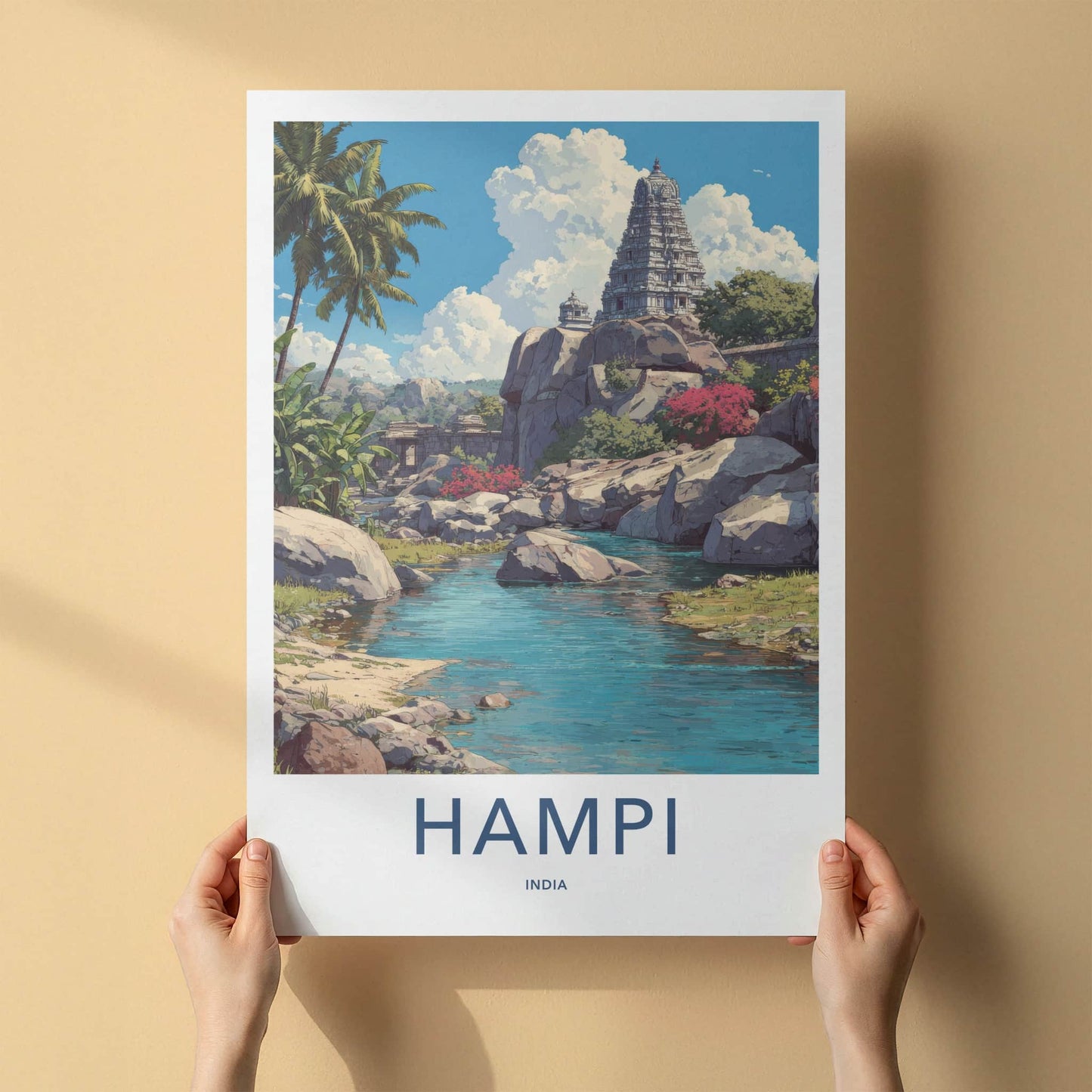 Hampi Poster - India Travel Art - Karnataka Temple River Wall Decor