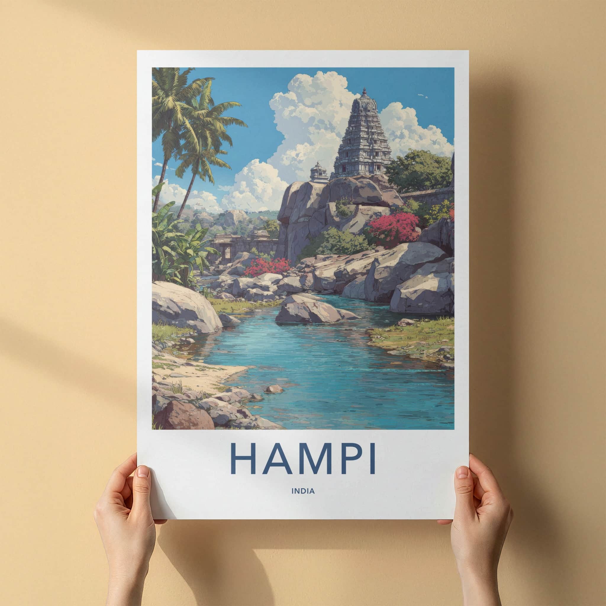 Hampi Poster - India Travel Art - Karnataka Temple River Wall Decor