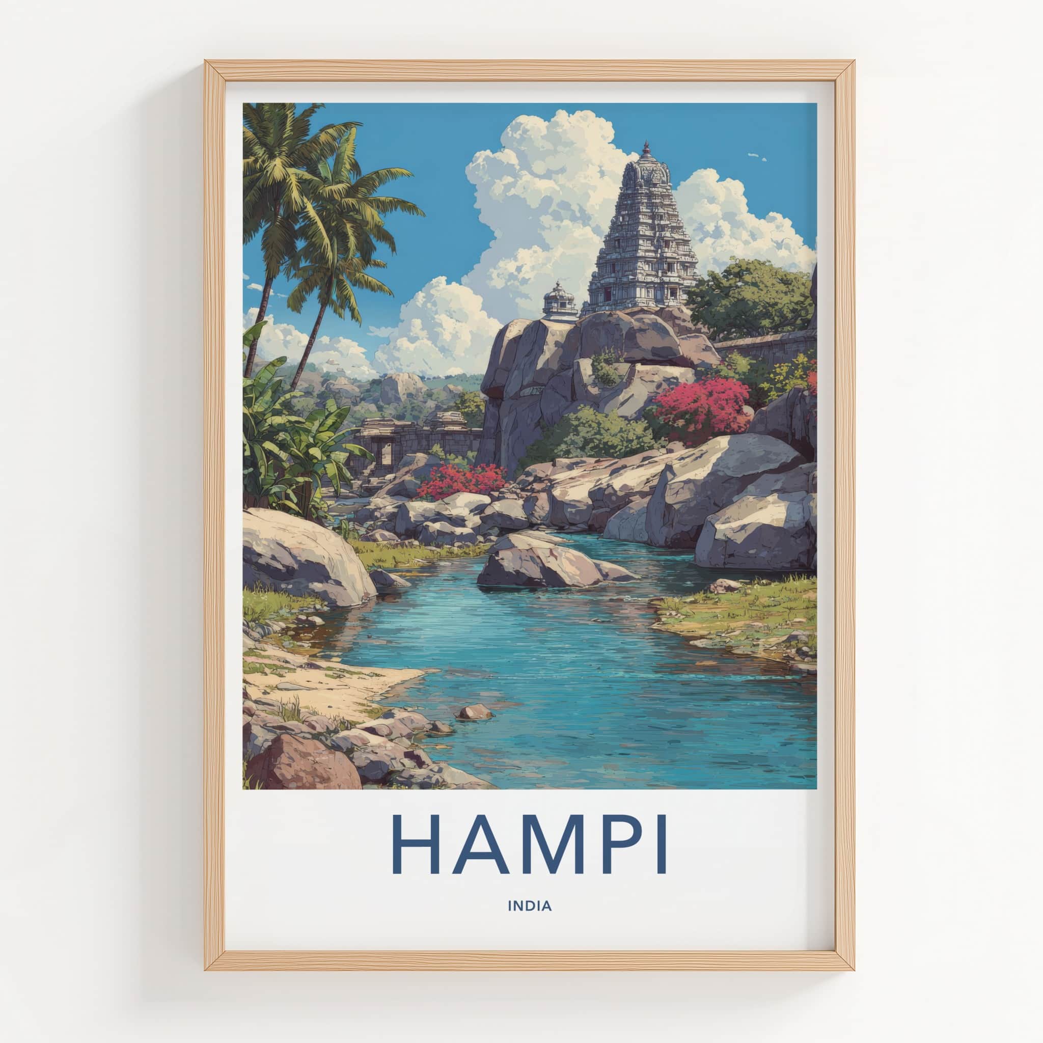 Hampi Poster - India Travel Art - Karnataka Temple River Wall Decor