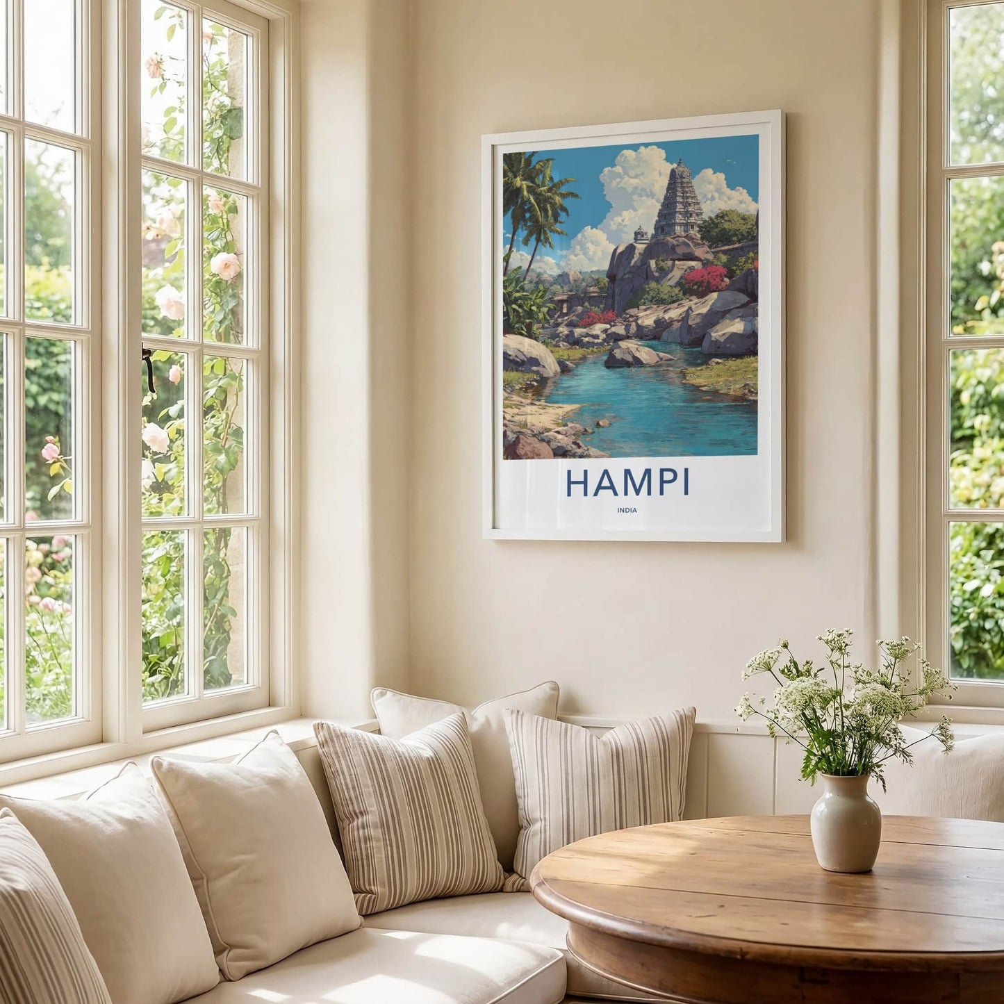 Hampi Poster - India Travel Art - Karnataka Temple River Wall Decor