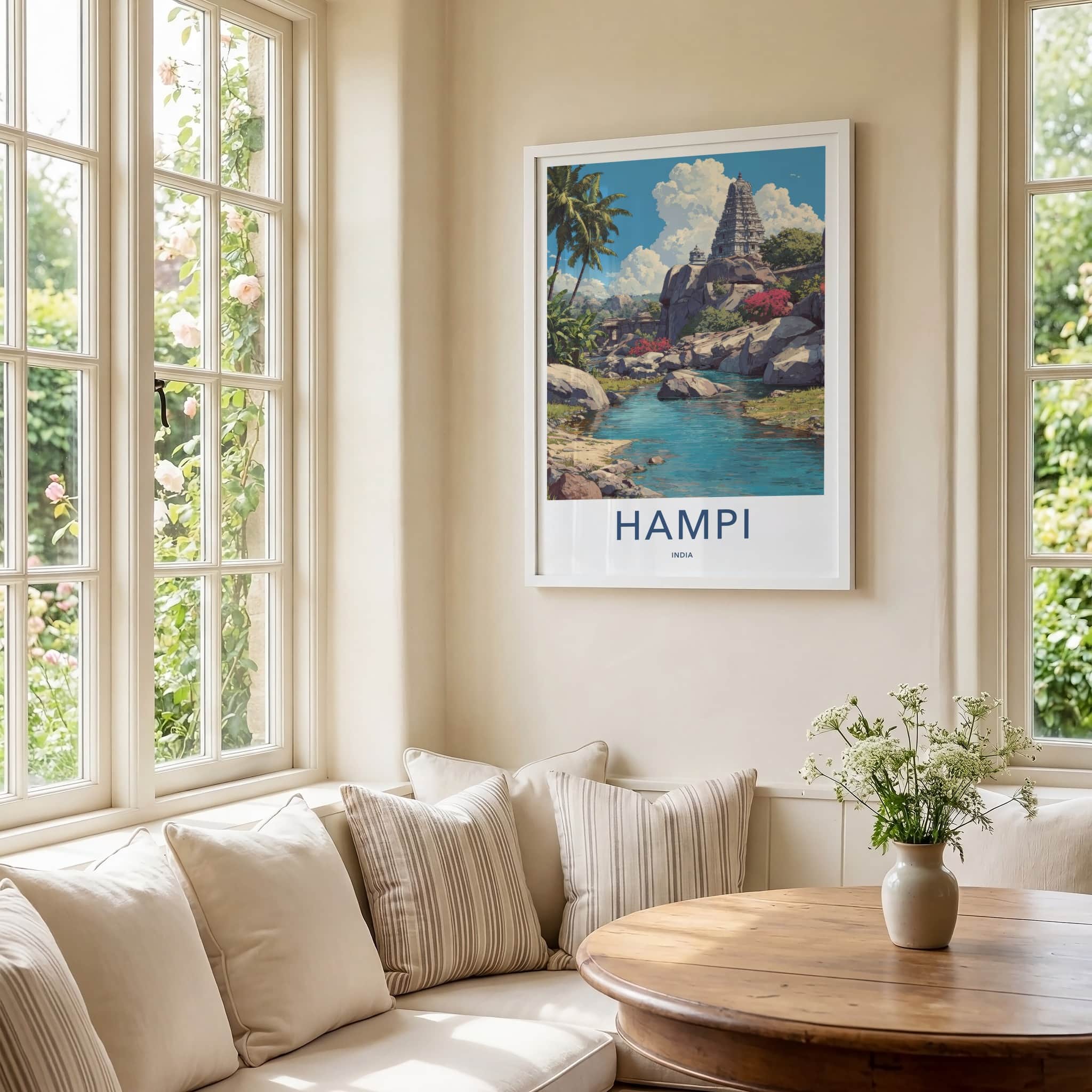 Hampi Poster - India Travel Art - Karnataka Temple River Wall Decor