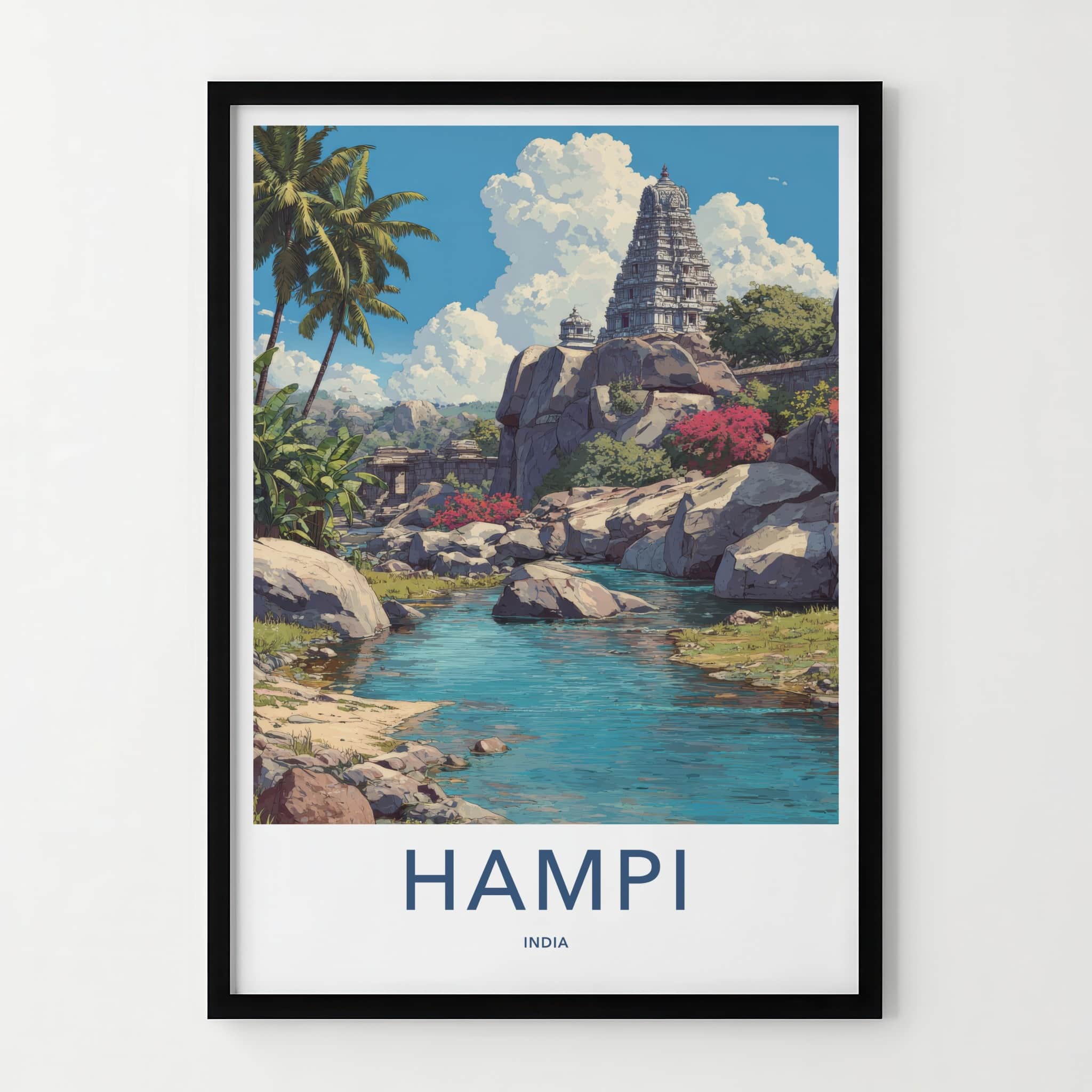 Hampi Poster - India Travel Art - Karnataka Temple River Wall Decor