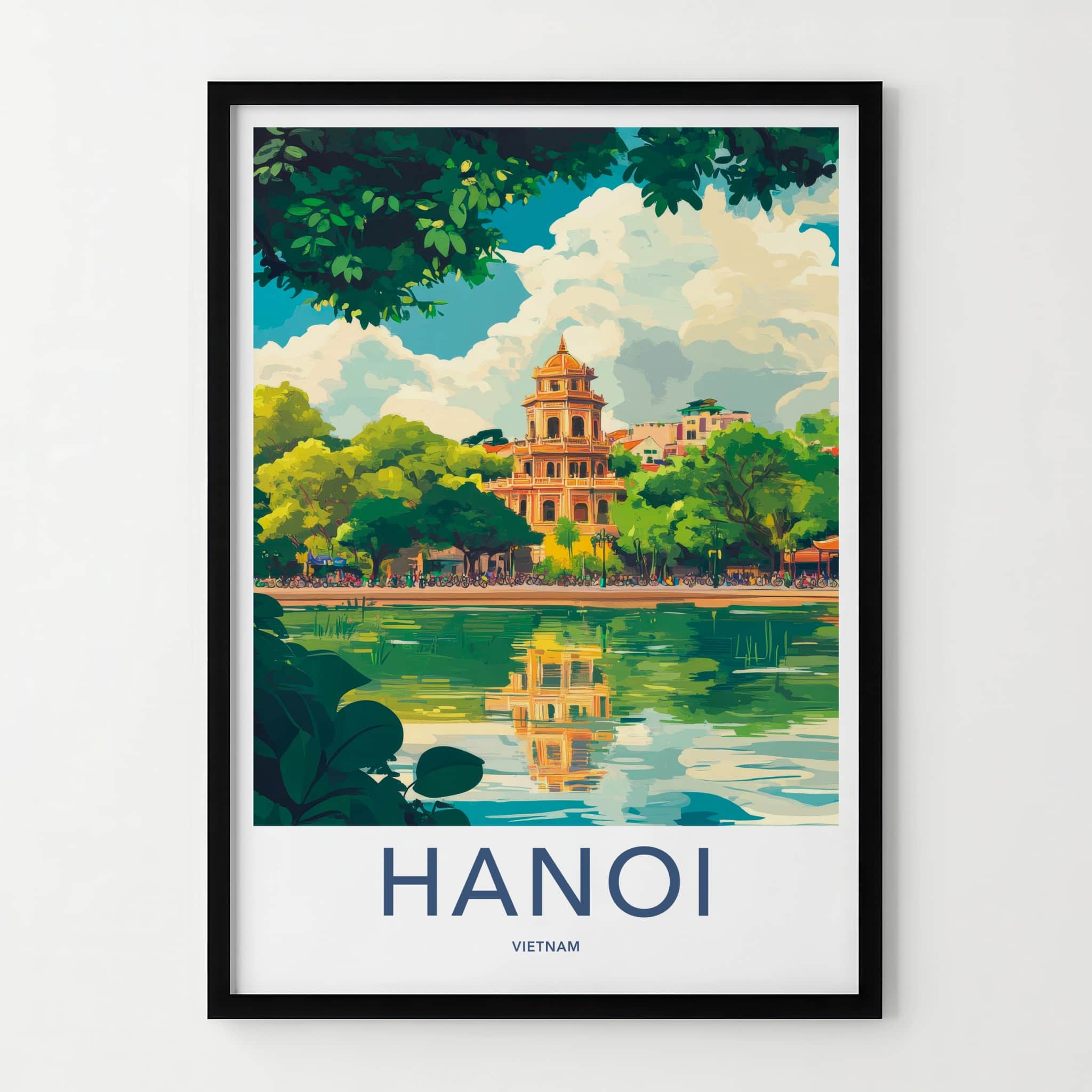 Hanoi Poster - Vietnam Travel Art - Temple Lake Reflection Home Decor