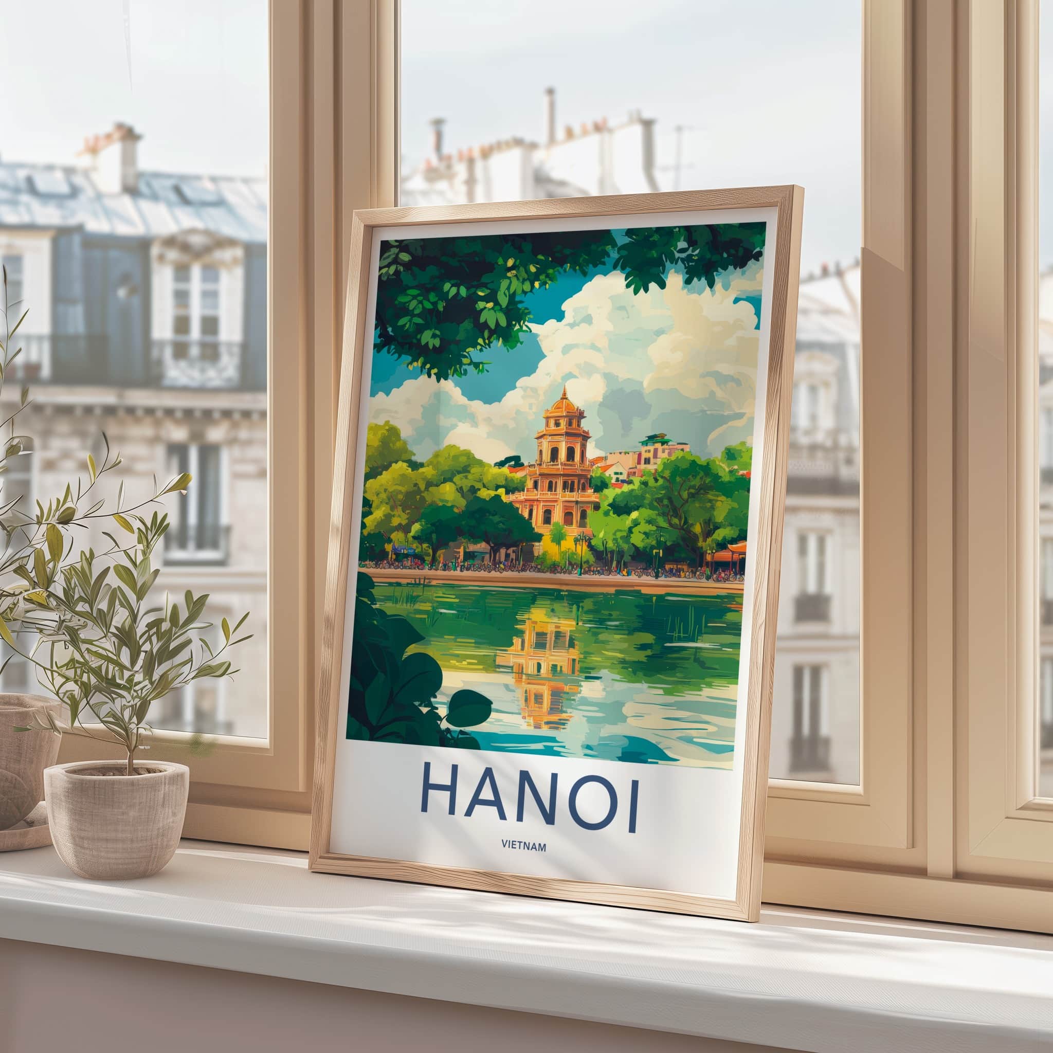 Hanoi Poster - Vietnam Travel Art - Temple Lake Reflection Home Decor