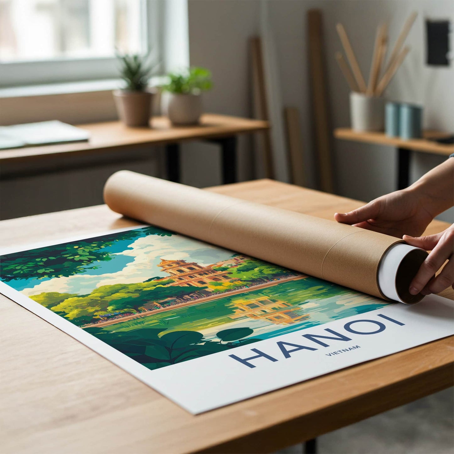 Hanoi Poster - Vietnam Travel Art - Temple Lake Reflection Home Decor