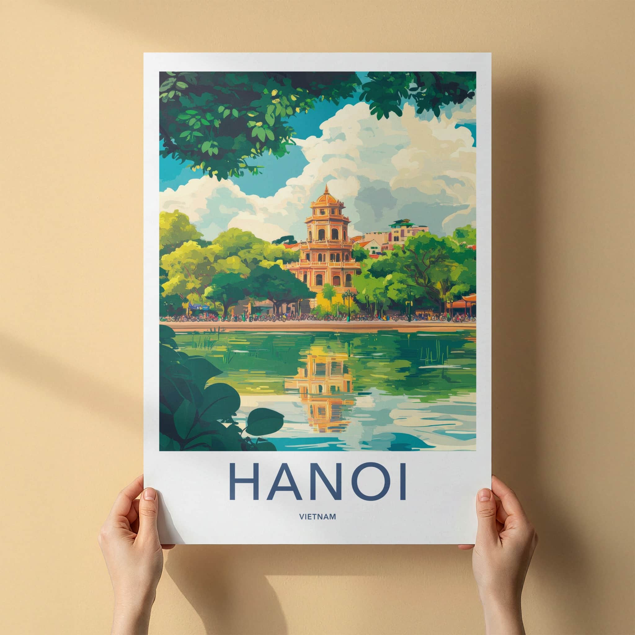 Hanoi Poster - Vietnam Travel Art - Temple Lake Reflection Home Decor