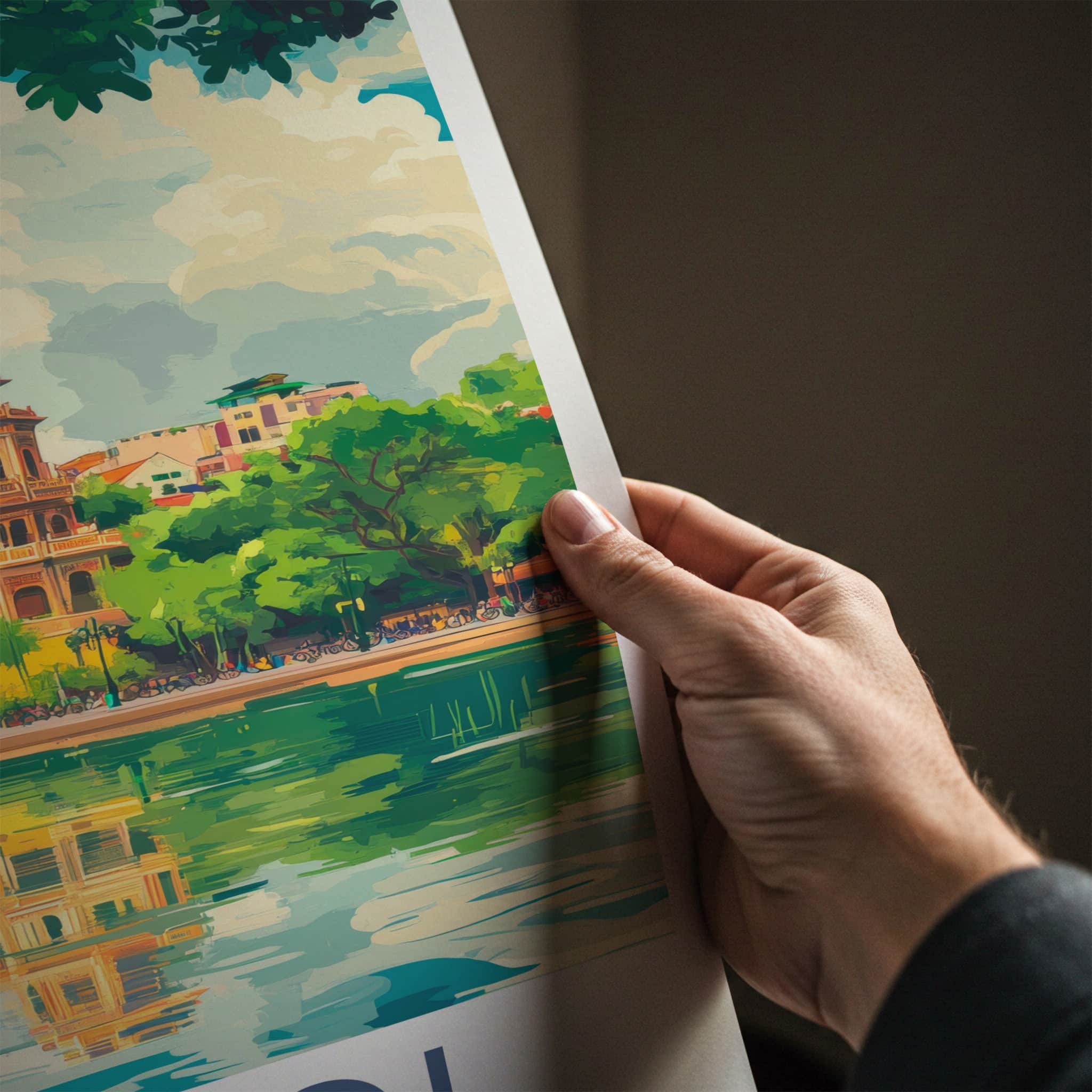 Hanoi Poster - Vietnam Travel Art - Temple Lake Reflection Home Decor